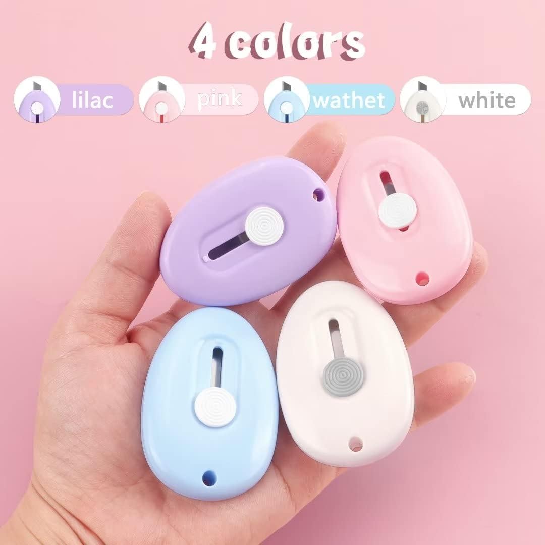 Tamaki 4 Pack Mini Box Cutter Retractable Utility Knife Letter Opener Envelope Slitter, Box Cutter with Key Chain Hole (Blue, Pink, Purple, White)