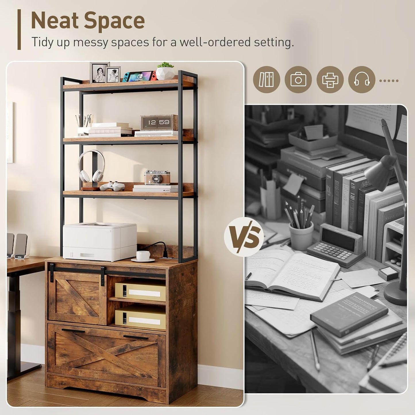 File Cabinet with Charging Station, Vertical Filing Cabinet with Shelves, File Cabinet for Home Office, Printer Stand with Storage Shelves & Barn Doors, Fits A4/Letter Files, Rustic