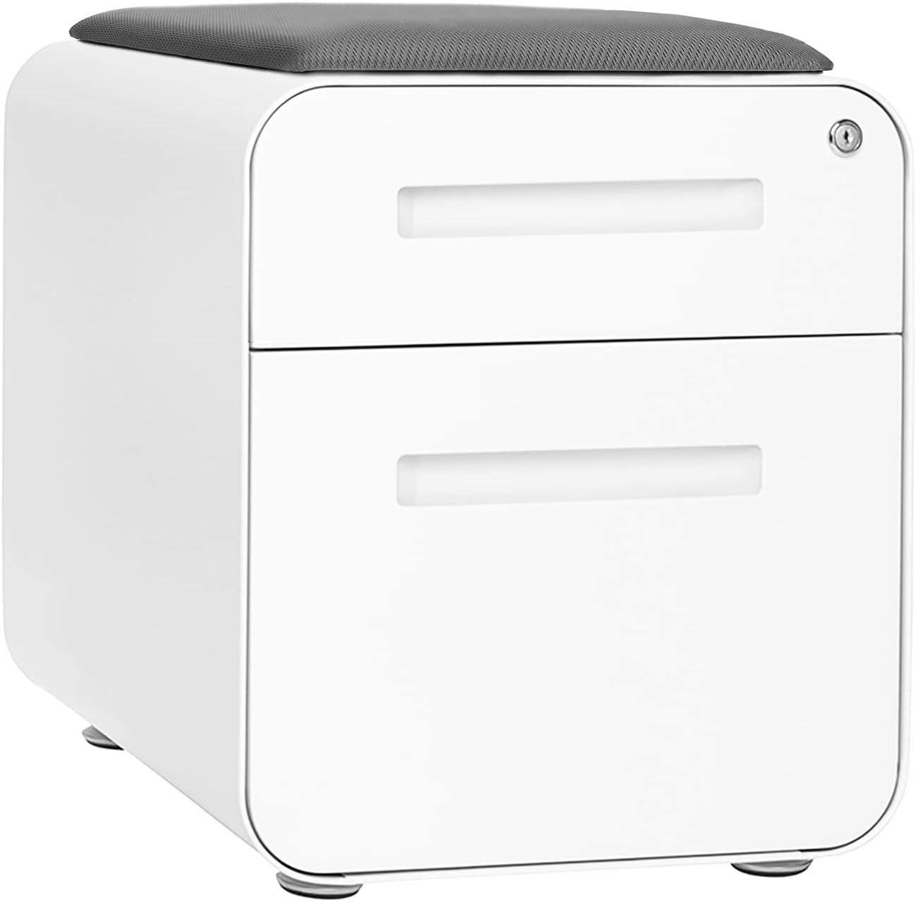 Laura Davidson Furniture STOCKPILE Mini Seated 2 Drawer Mobile File Cabinet with Removable Magnetic Cushion Seat - Short Version, Metal Filing Cabinet, Pre-Assembled, White with Grey Cushion