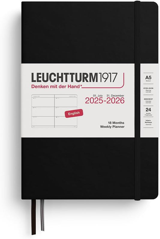 LEUCHTTURM1917 - Weekly Planner Hardcover Medium (A5), 18-month, Jul. 2025 - Dec. 2026, English, Black