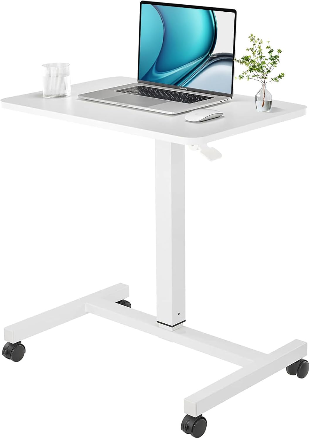 CLATINA Mobile Laptop Desk Pneumatic Sit to Stand Table Height Adjustable Rolling Cart with Lockable Wheels for Home Office Computer Workstation 28" x 19" White Round Edge Design Elegant