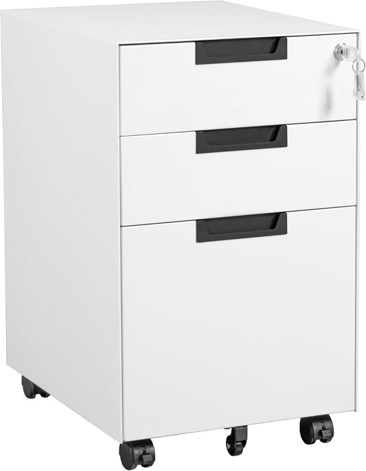 Letaya 3 Drawer Mobile File Cabinet with Lock,Under Desk Metal Small Filing Cabinets for Home Office Organizer Letters/Legal/A4(Fully Assembled Except Wheels-White)