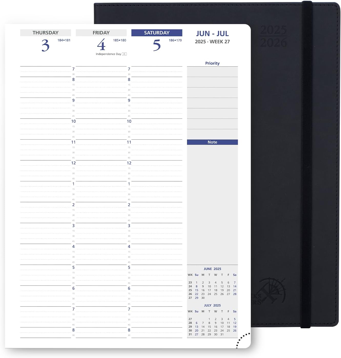 POPRUN Academic Planner 2025-2026, 8.5'' x 11.25'', Quarter-Hourly Appointment Book (July 2025-June 2026) with PU Leather Soft Cover, Dual Pockets, Monthly Tabs, 100GSM Thick Paper - Black
