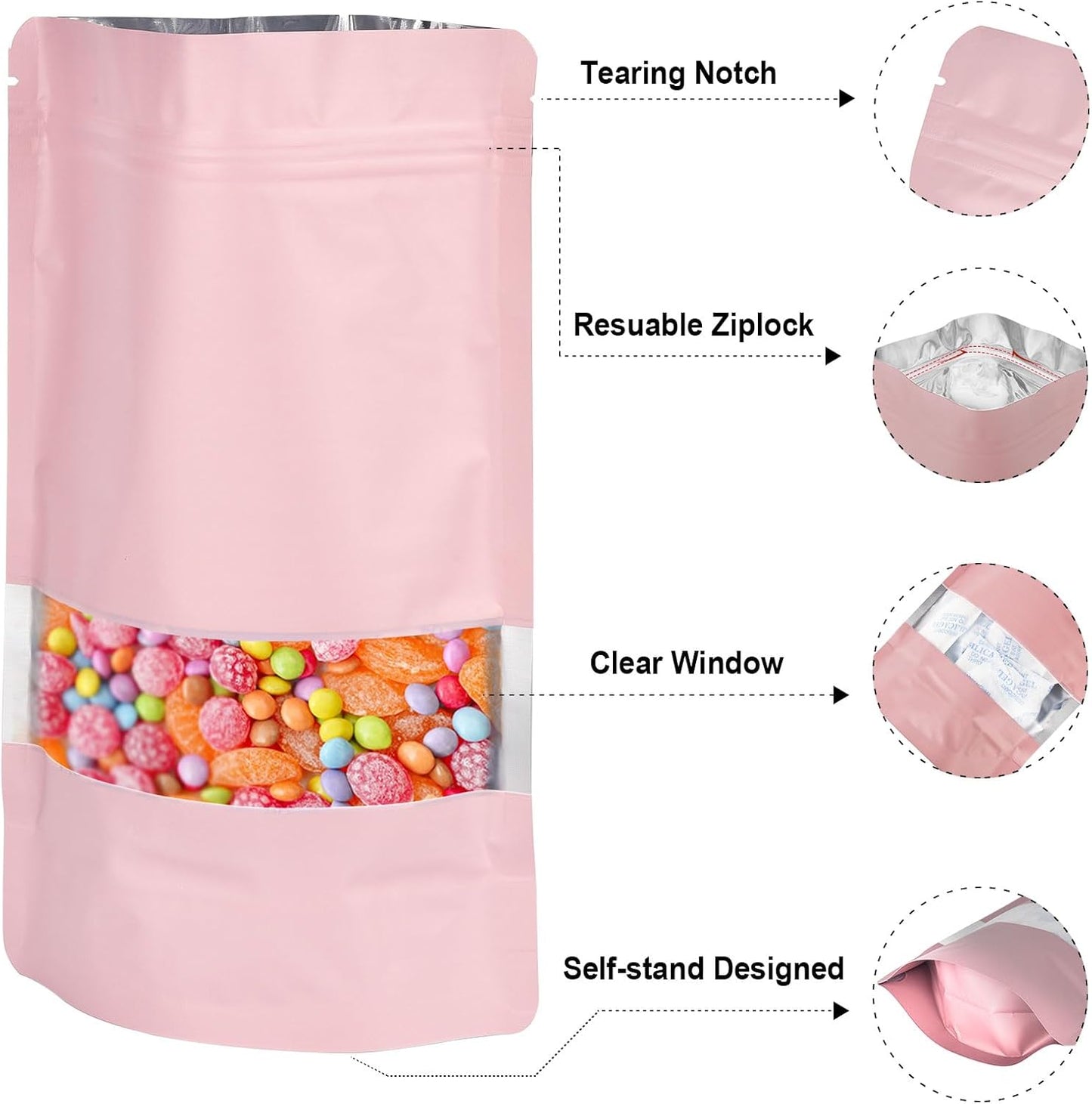 5.5"x7.8" 120pcs Mylar Bags for Food Storage,Smell Proof Bag with Matte Window Resealable Food Storage Bags for Small Business, Stand-up Foil Pouch Packaging Freeze Dried Candy Bag(Pink)