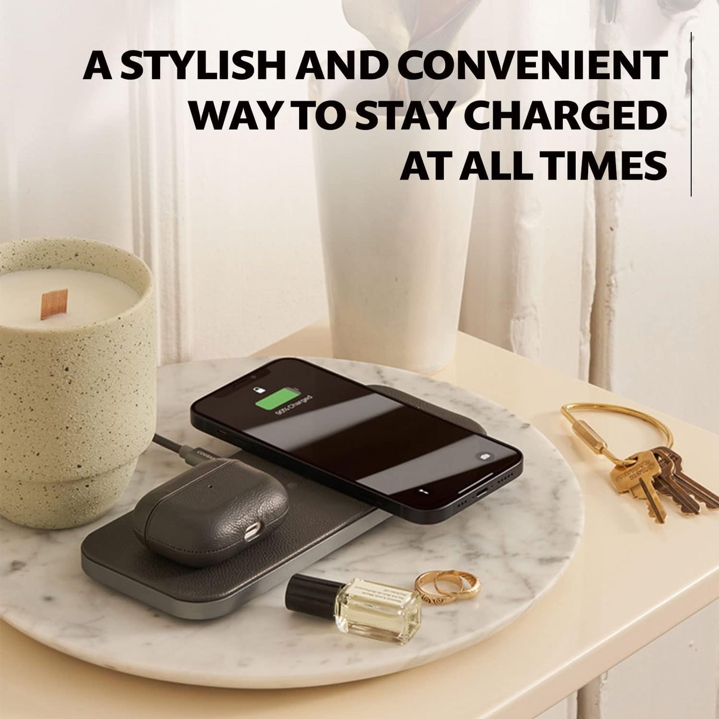 Courant Catch:2 Classics - Italian Leather Dual Wireless Charging Pad - Compatible with iPhone 11, X, SE, Galaxy S23, S22, S21, S20, Note, AirPods, AirPods Pro (Black)