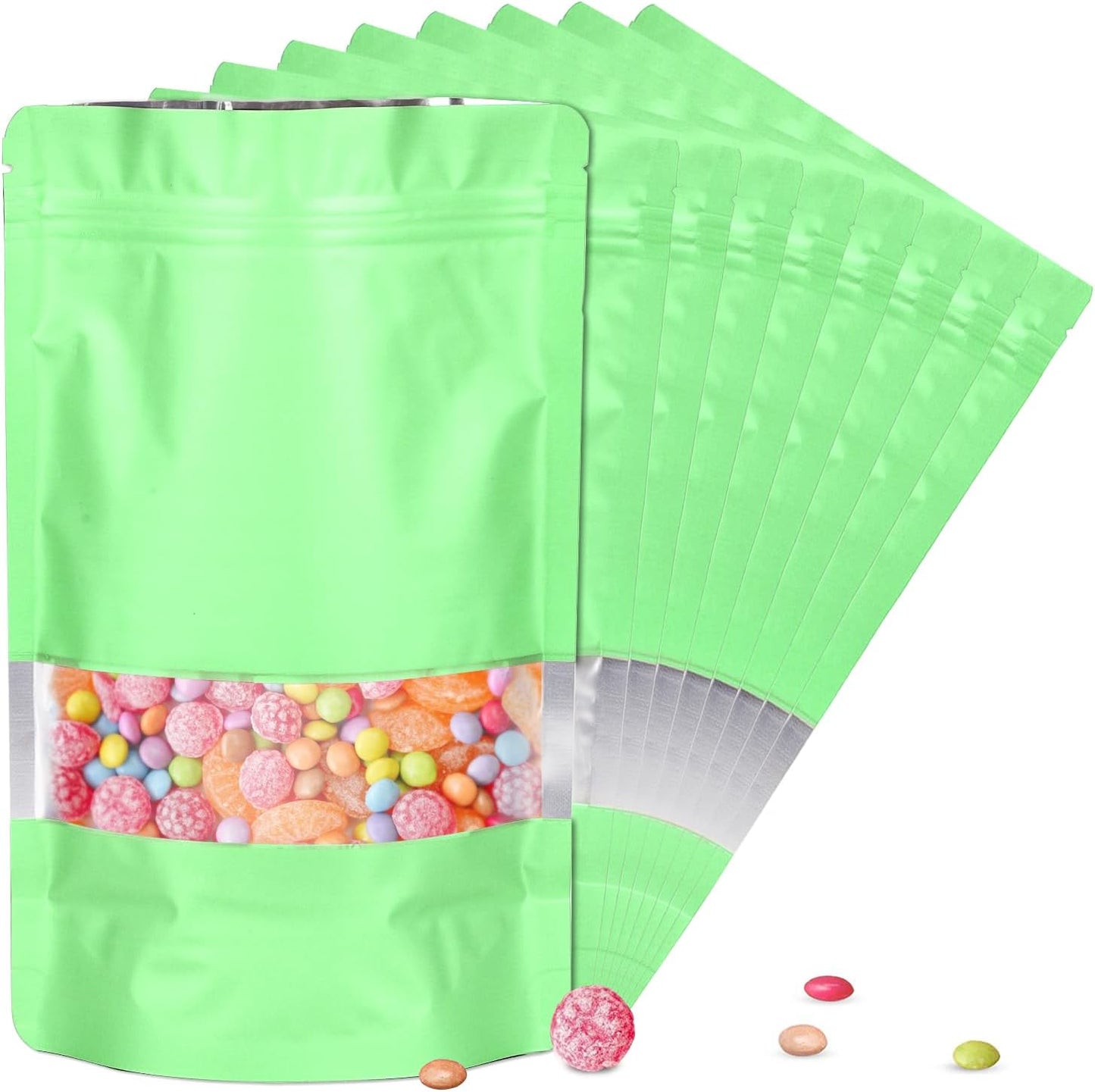 3.5"x5" 120pcs Mylar Bags for Food Storage,Smell Proof Bag with Matte Window Resealable Food Storage Bags for Small Business, Stand-up Foil Pouch Packaging Freeze Dried Candy Bag(Light Green)