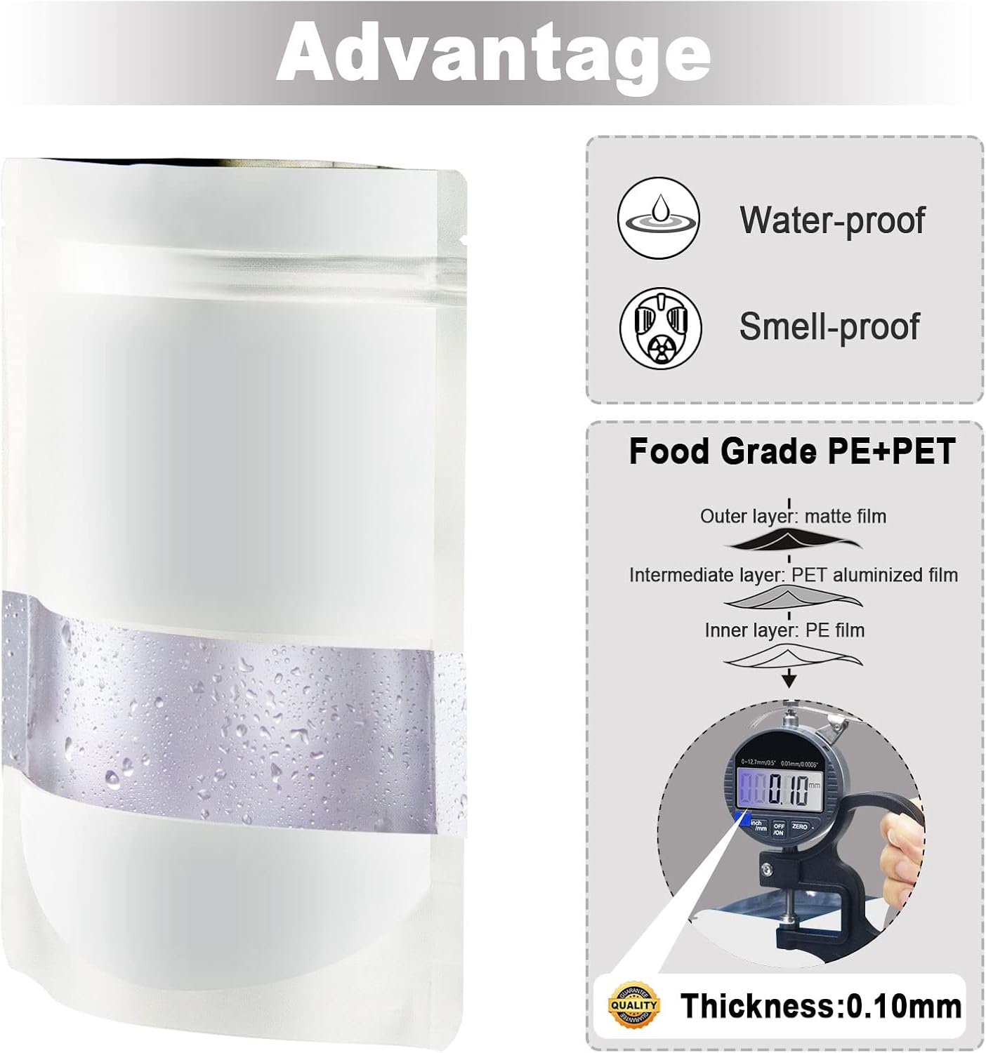 4"x6" 120pcs Mylar Bags for Food Storage,Smell Proof Bag with Matte Window Resealable Food Storage Bags for Small Business, Stand-up Foil Pouch Packaging Freeze Dried Candy Bag（White）