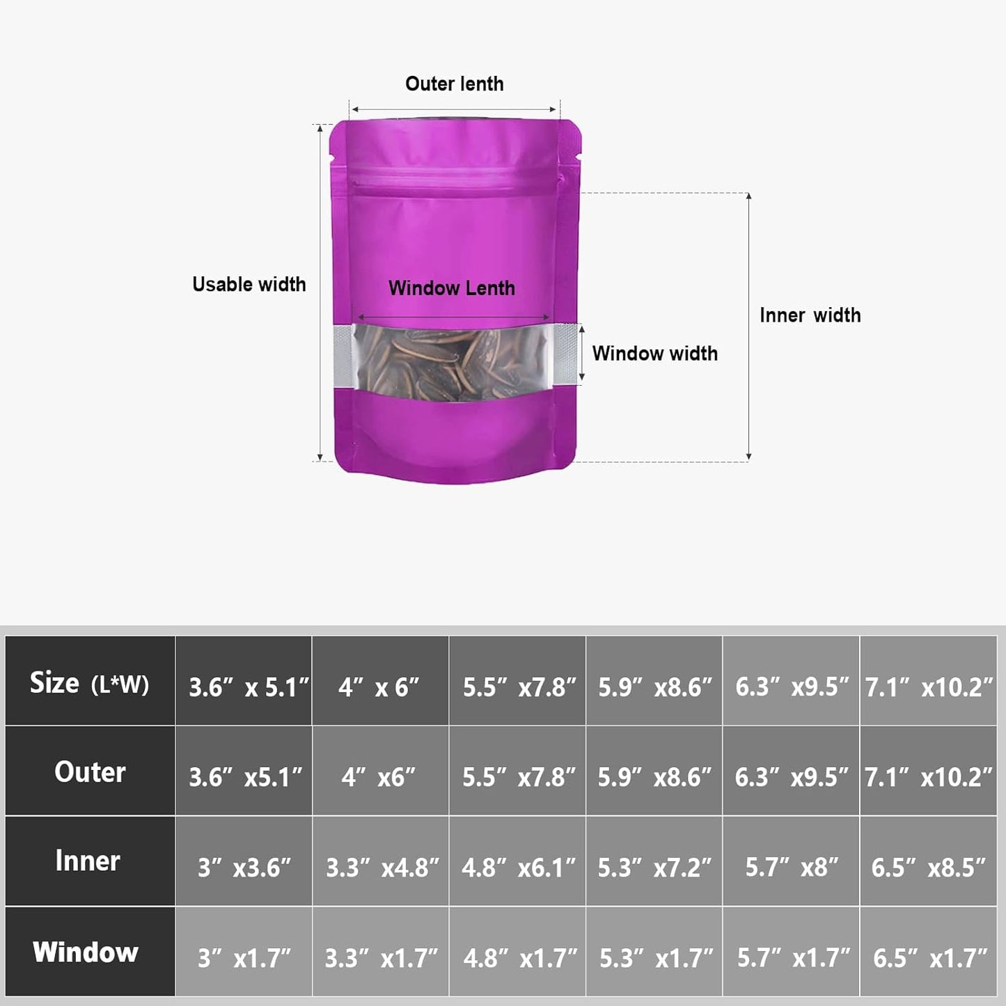 6.3"x9.5" 120pcs Mylar Bags for Food Storage,Smell Proof Bag with Matte Window Resealable Food Storage Bags for Small Business, Stand-up Foil Pouch Packaging Freeze Dried Candy Bag（Purple）