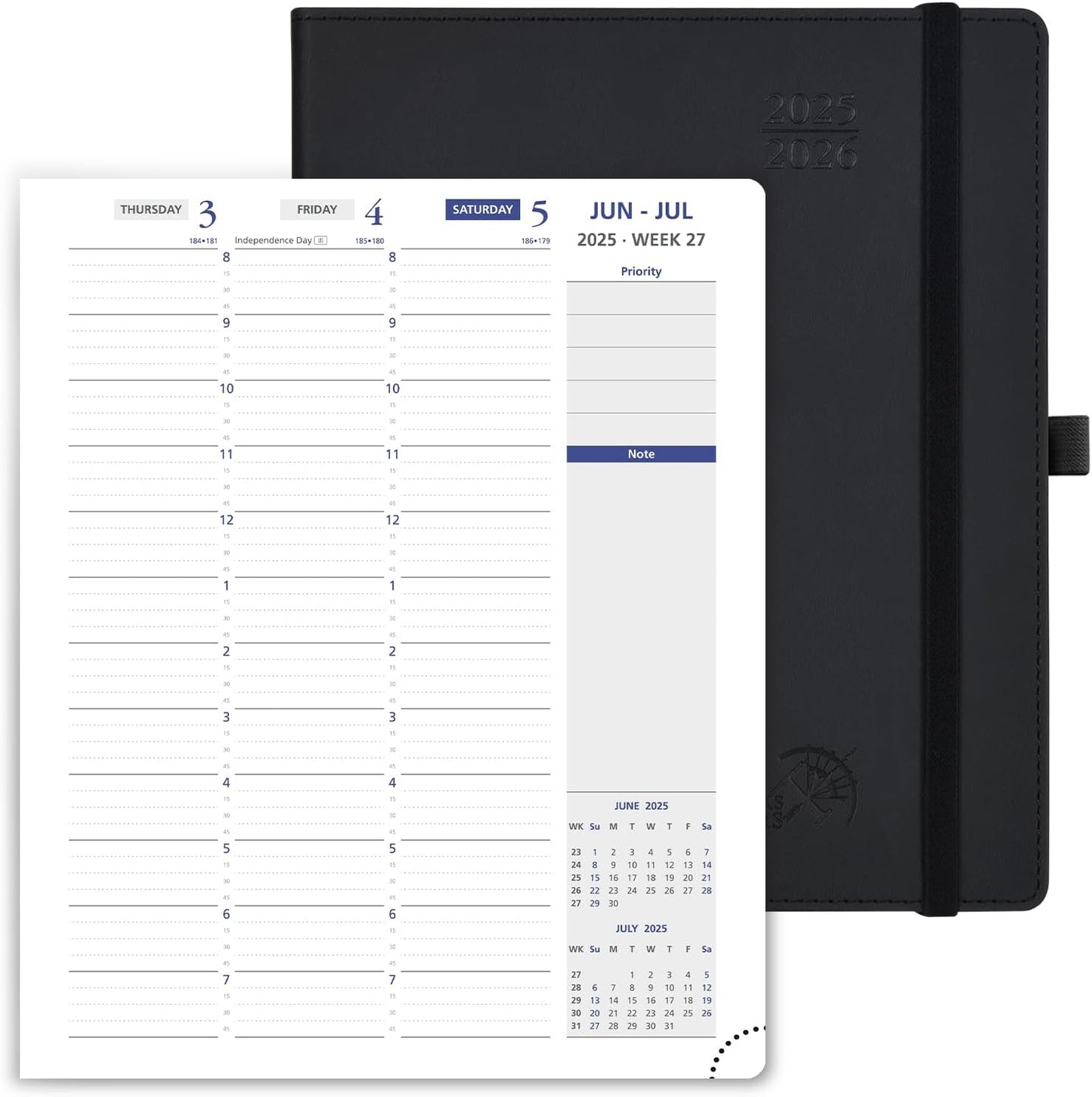 POPRUN Weekly Planner 2025-2026, 7.25'' x 8.5'', 15-Minute Hourly Appointment Book (July 2025-June 2026) with PU Leather Softcover, Monthly Tabs, Inner Pocket - Black