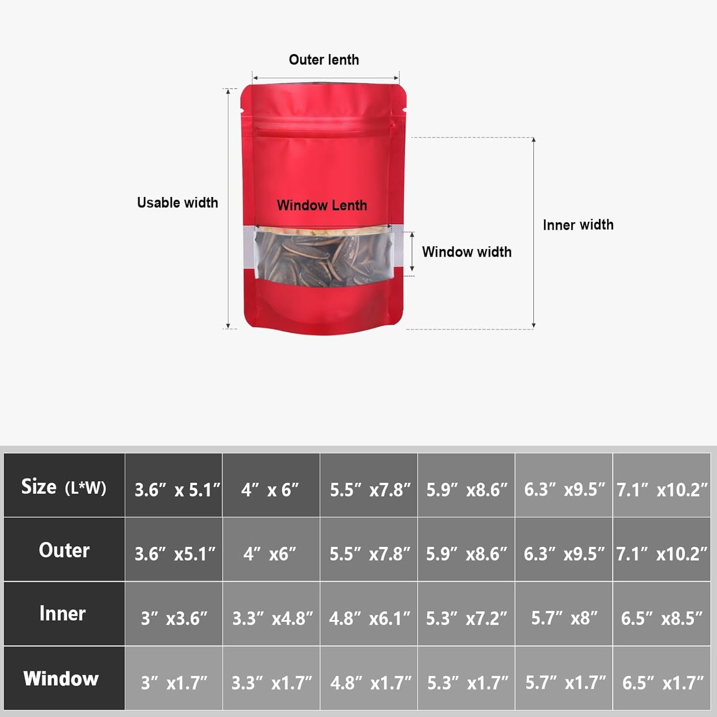 6.3"x9.5" 120pcs Mylar Bags for Food Storage,Smell Proof Bag with Matte Window Resealable Food Storage Bags for Small Business, Stand-up Foil Pouch Packaging Freeze Dried Candy Bag（Red）