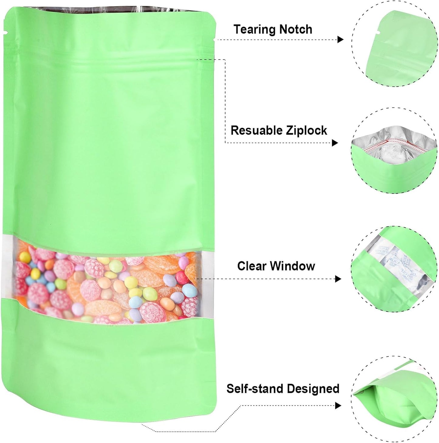 5.5"x7.8" 120pcs Mylar Bags for Food Storage,Smell Proof Bag with Matte Window Resealable Food Storage Bags for Small Business, Stand-up Foil Pouch Packaging Freeze Dried Candy Bag(Light Green)