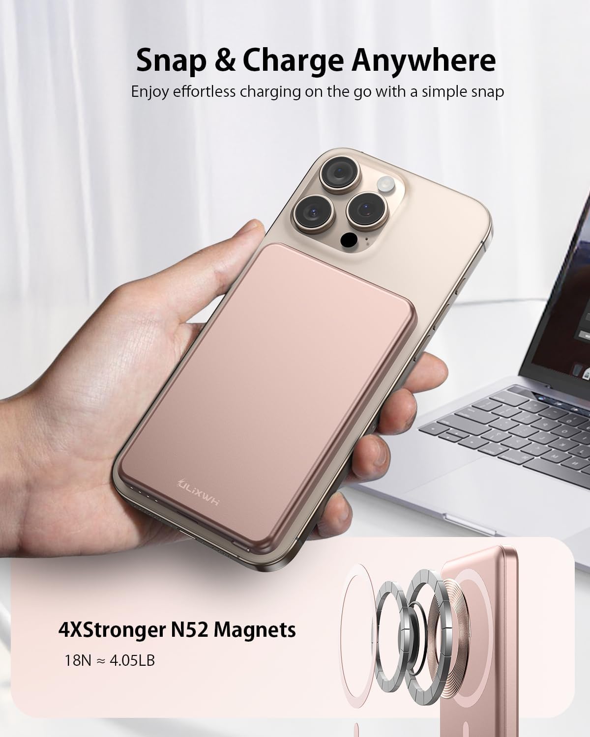 [0.3" Ultra Slim] [Alloy-Made] ULiXWH for Magsafe Portable Charger for iPhone, 2025 Upgrade 5000mAh Fast Charging Magnetic Power Bank, Wireless Battery Pack for iPhone 17 Air 16 15 Pro Max 14 13, Pink
