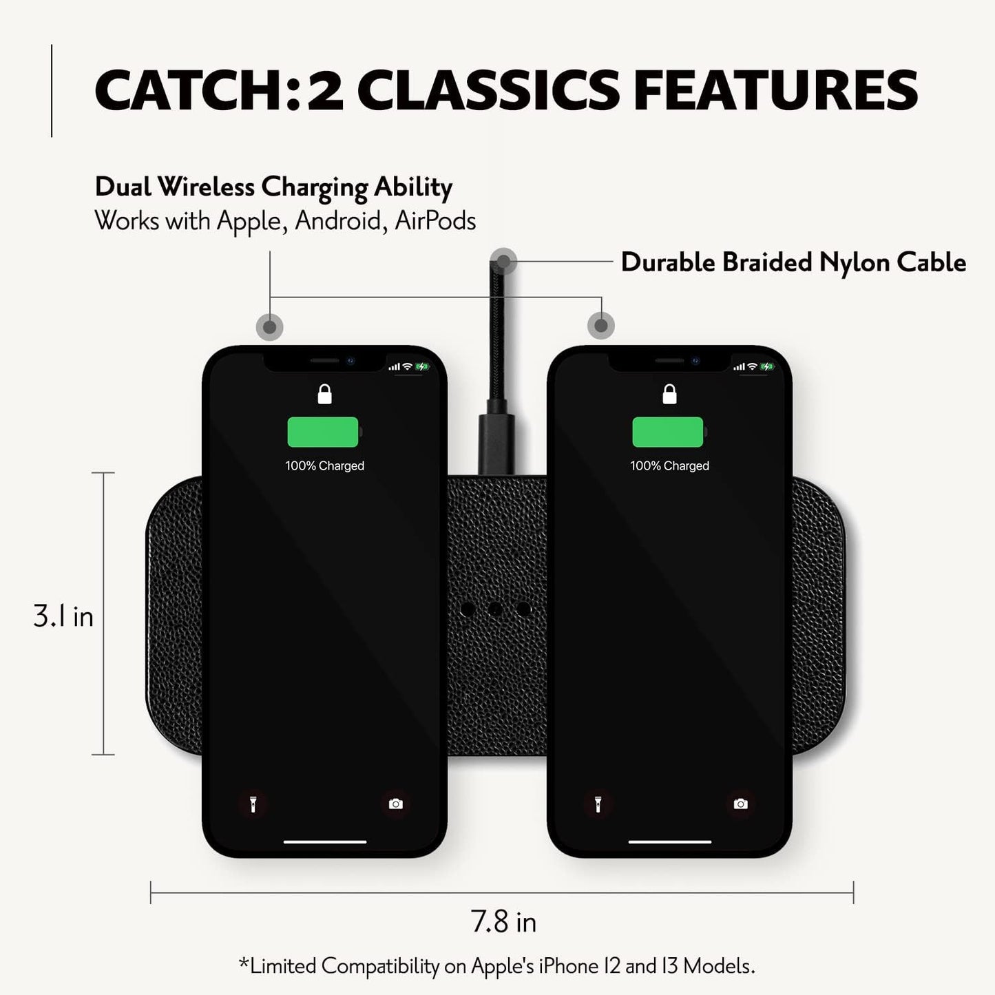 Courant Catch:2 Classics - Italian Leather Dual Wireless Charging Pad - Compatible with iPhone 11, X, SE, Galaxy S23, S22, S21, S20, Note, AirPods, AirPods Pro (Black)