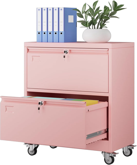 Aobabo 2 Drawer Wide File Cabinet with Wheels, Lockable Metal Filing Cabinet for Home Office, Legal/Letter Size,Pink,Required Assembled,15.87" D x 28.94" W x 34" H