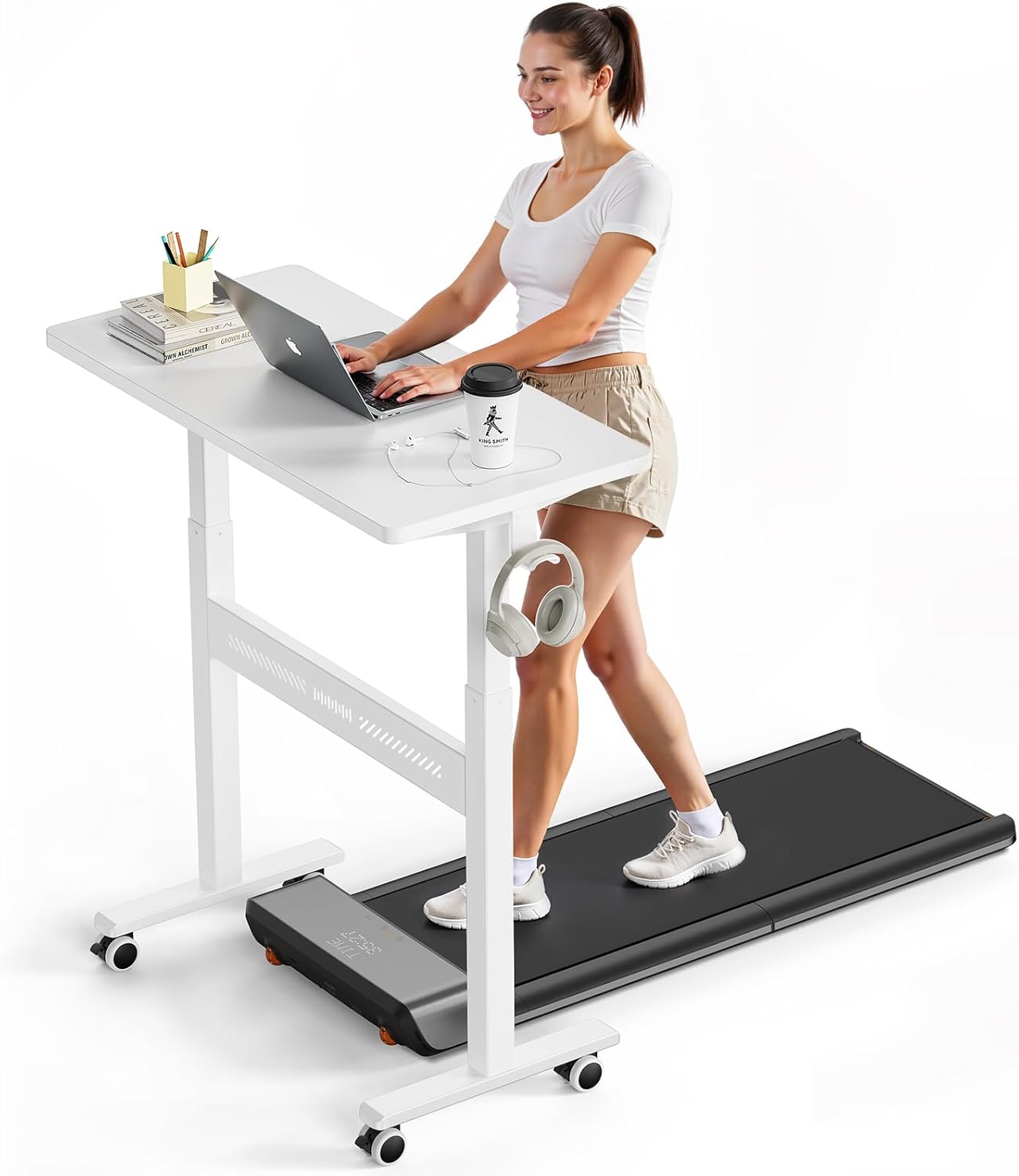 Mobile Walking Pad Desk with Wheels, Pneumatic Small Rolling Standing Desk Riser Height Adjustable (28-43.7") for Treadmill, Portable Computer Table for Home Office, White