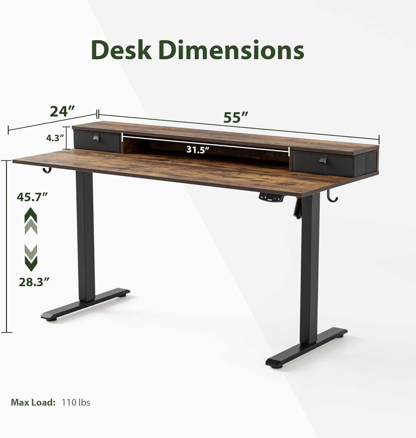 Agilestic 55 x 24 Inches Height Adjustable Electric Standing Desk with 2 Drawers, Stand Up Electric Desk Adjustable Height, Sit Stand Computer Gaming Table with Splice Board, Rustic Brown