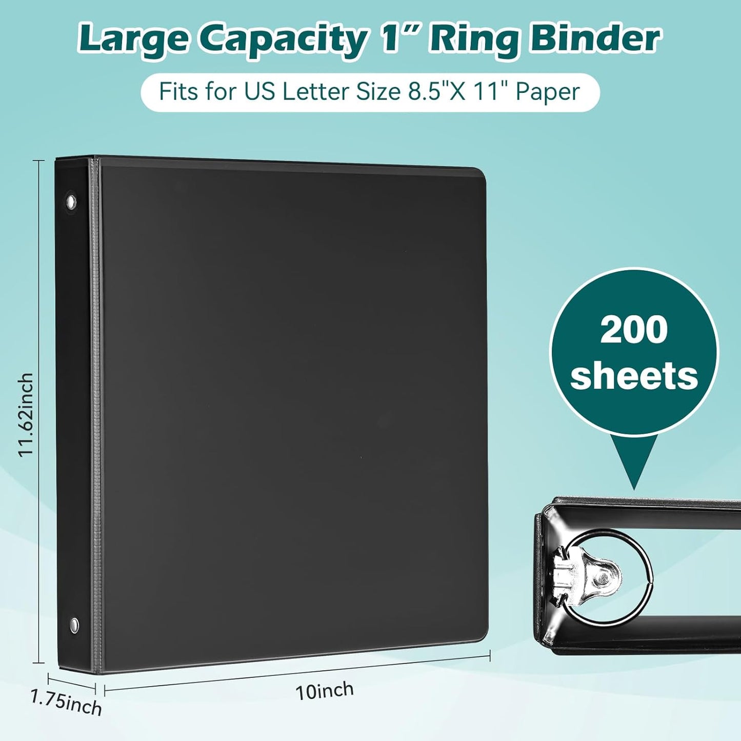 3 Ring Binder 1 Inch 12 Pack, 1" Clear View Round-Ring-Binder, PVC-Free,Holds for 200 Sheets 8.5" x 11" US Letter Size Paper, Durable Black Binders Perfect for Office,School and Home