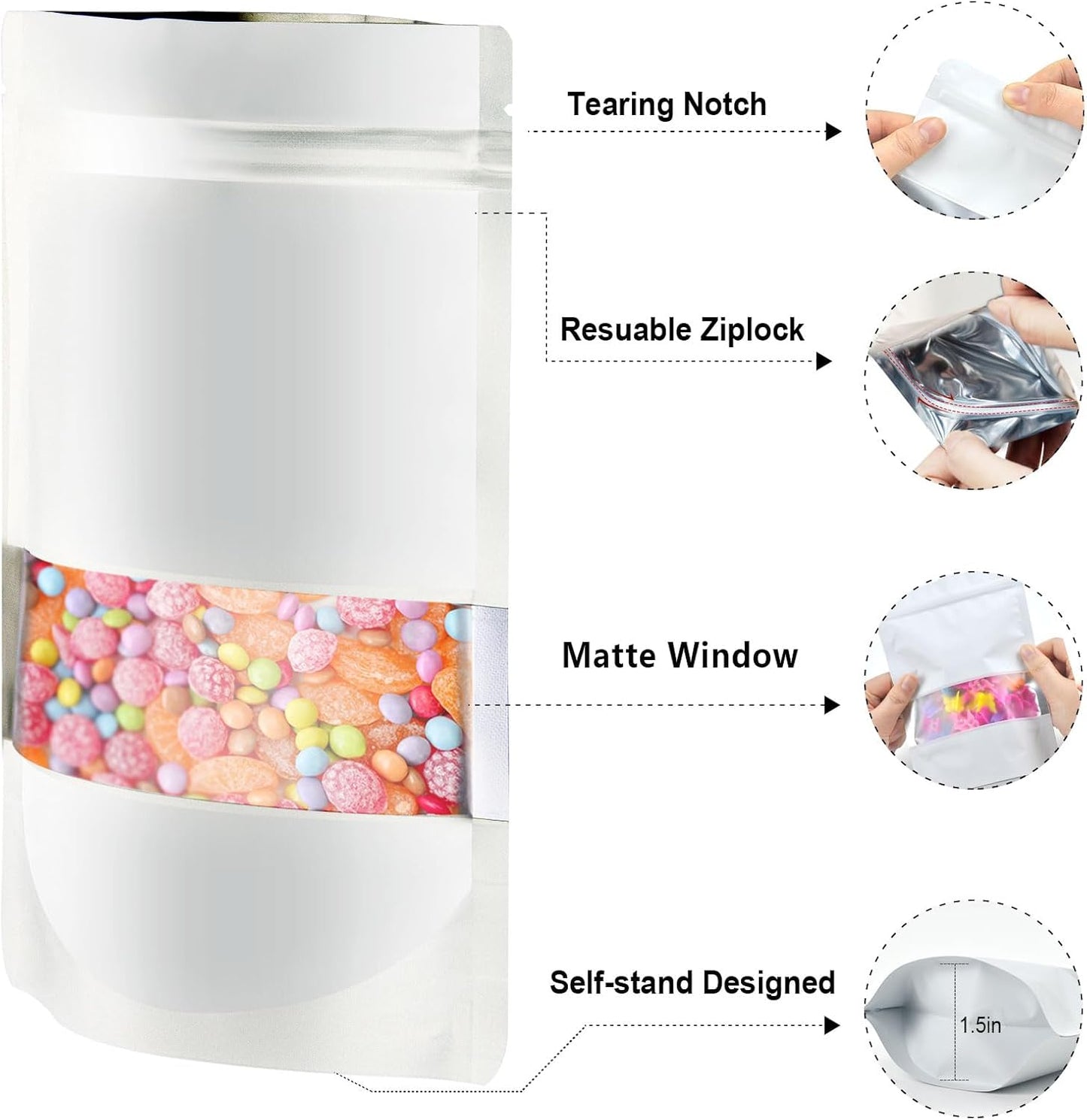 5.9"x8.6" 120pcs Mylar Bags for Food Storage,Smell Proof Bag with Matte Window Resealable Food Storage Bags for Small Business, Stand-up Foil Pouch Packaging Freeze Dried Candy Bag（White）