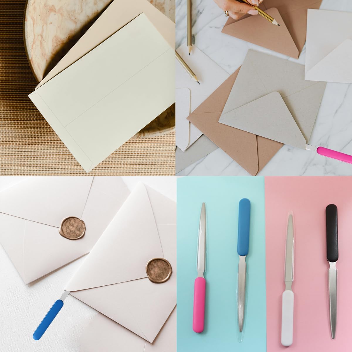 4 Pcs Letter Opener, Stainless Steel Letter Opener Knife, Stainless Steel Hand Envelope Slitter, Stainless Steel Envelope Openers, Lightweight Mail Slitters Letter Knives (Black, White, Blue, Pink)