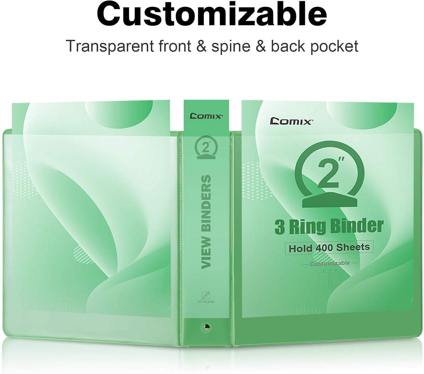 COMIX Standard 3 Ring Binder 2 inch with Clear View Cover, 2" Round Ring View Binder Holds 400 Sheets of US Letter Size Paper, 6 Pack (Sea Green)