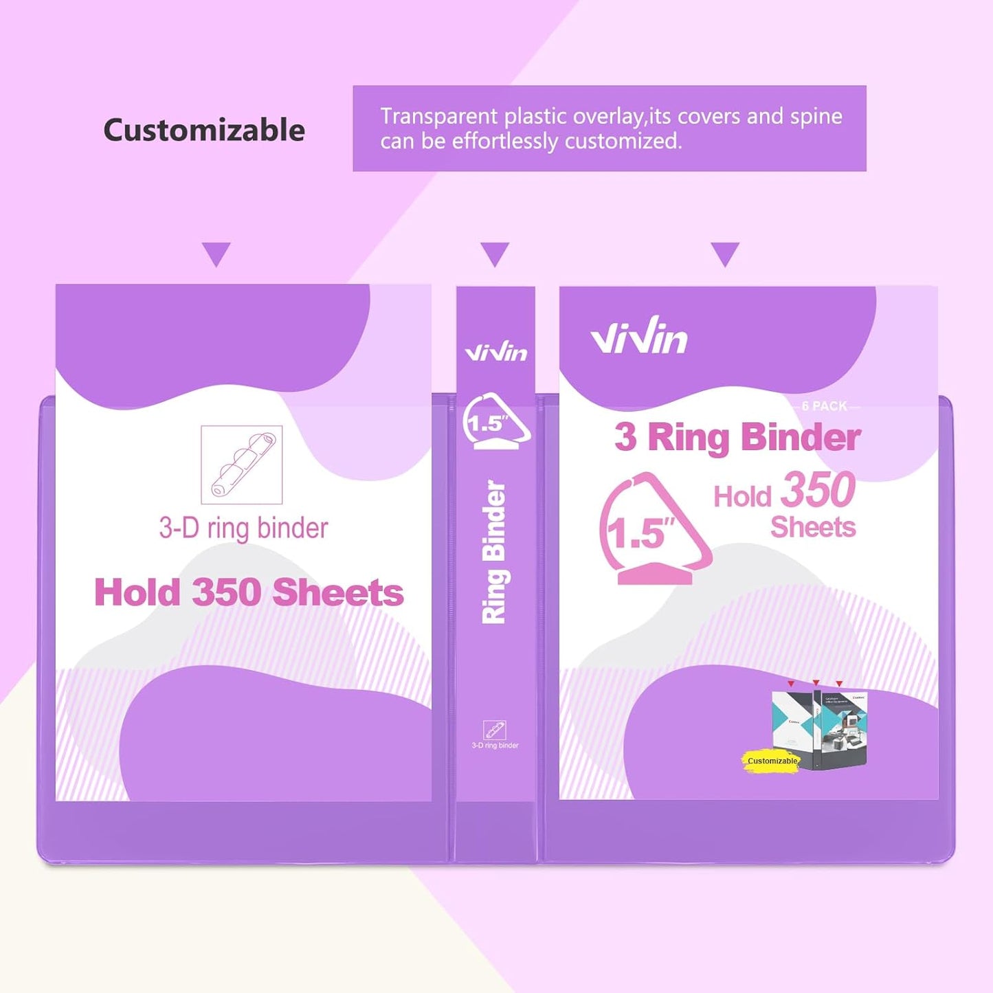 ViVin Sturdy 1.5 Inch 3 Ring Binder with Pockets, Slant-D Ring, PVC-Free, Customizable Clear View Binder,Holds 350 Sheets of 8.5" x 11" Paper,6 Pack (Purple)