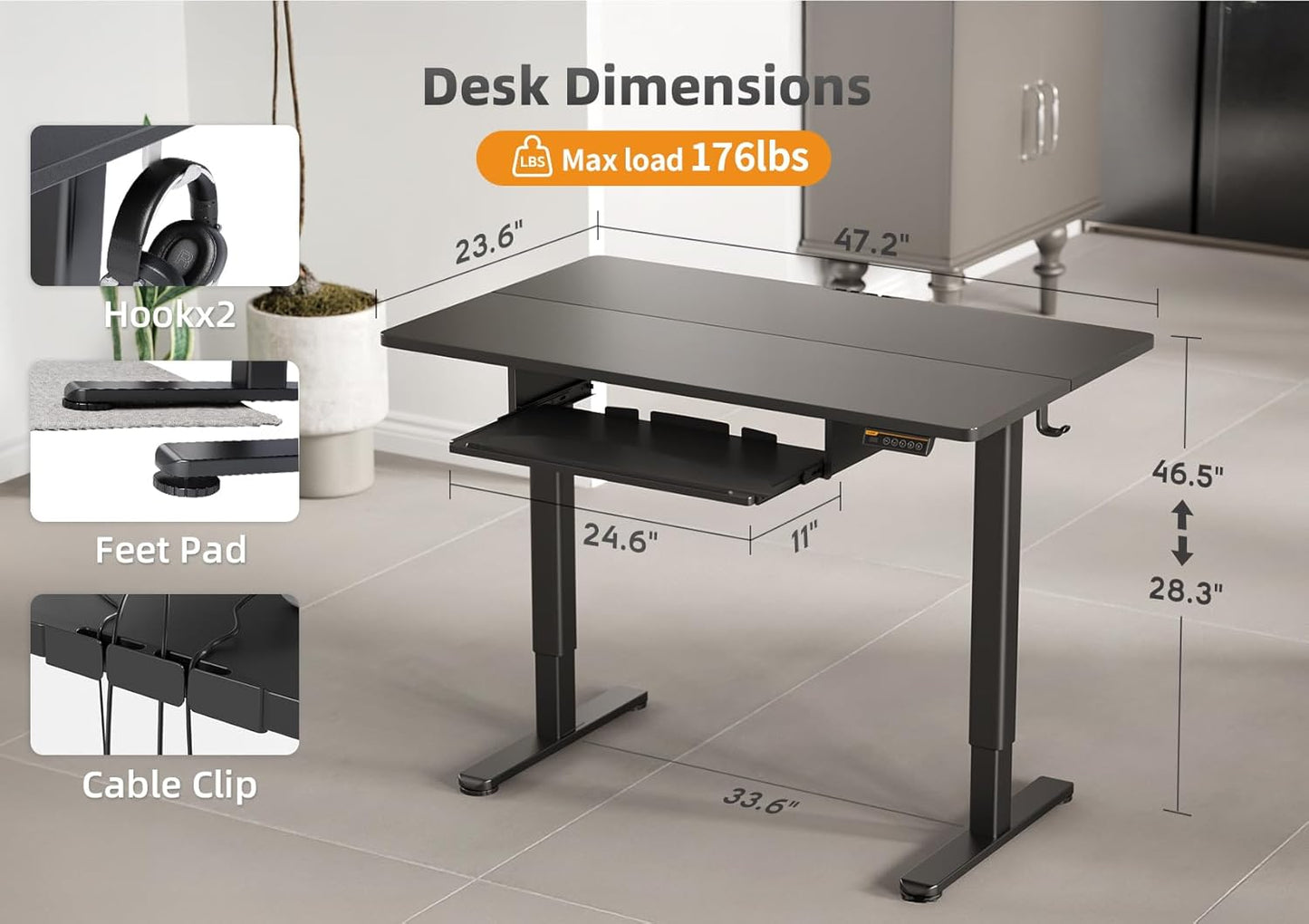 YDN Standing Desk, Height Adjustable Computer Desk with Keyboard Tray, 48 Inch Black Ergonomic Desk for Home Office and Gaming
