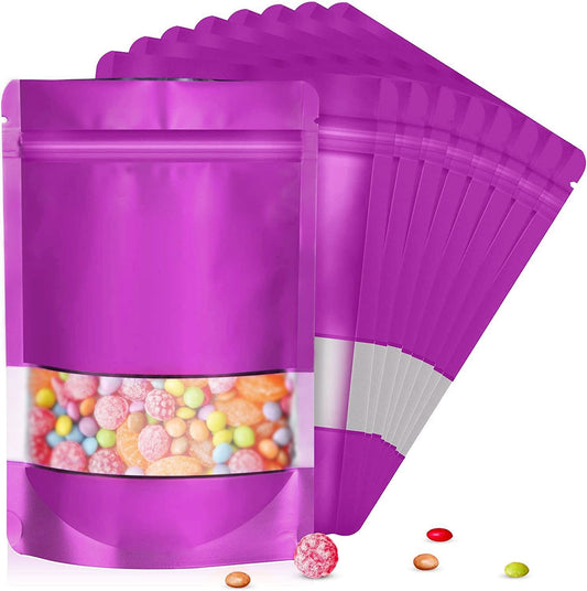 6.3"x9.5" 120pcs Mylar Bags for Food Storage,Smell Proof Bag with Matte Window Resealable Food Storage Bags for Small Business, Stand-up Foil Pouch Packaging Freeze Dried Candy Bag（Purple）