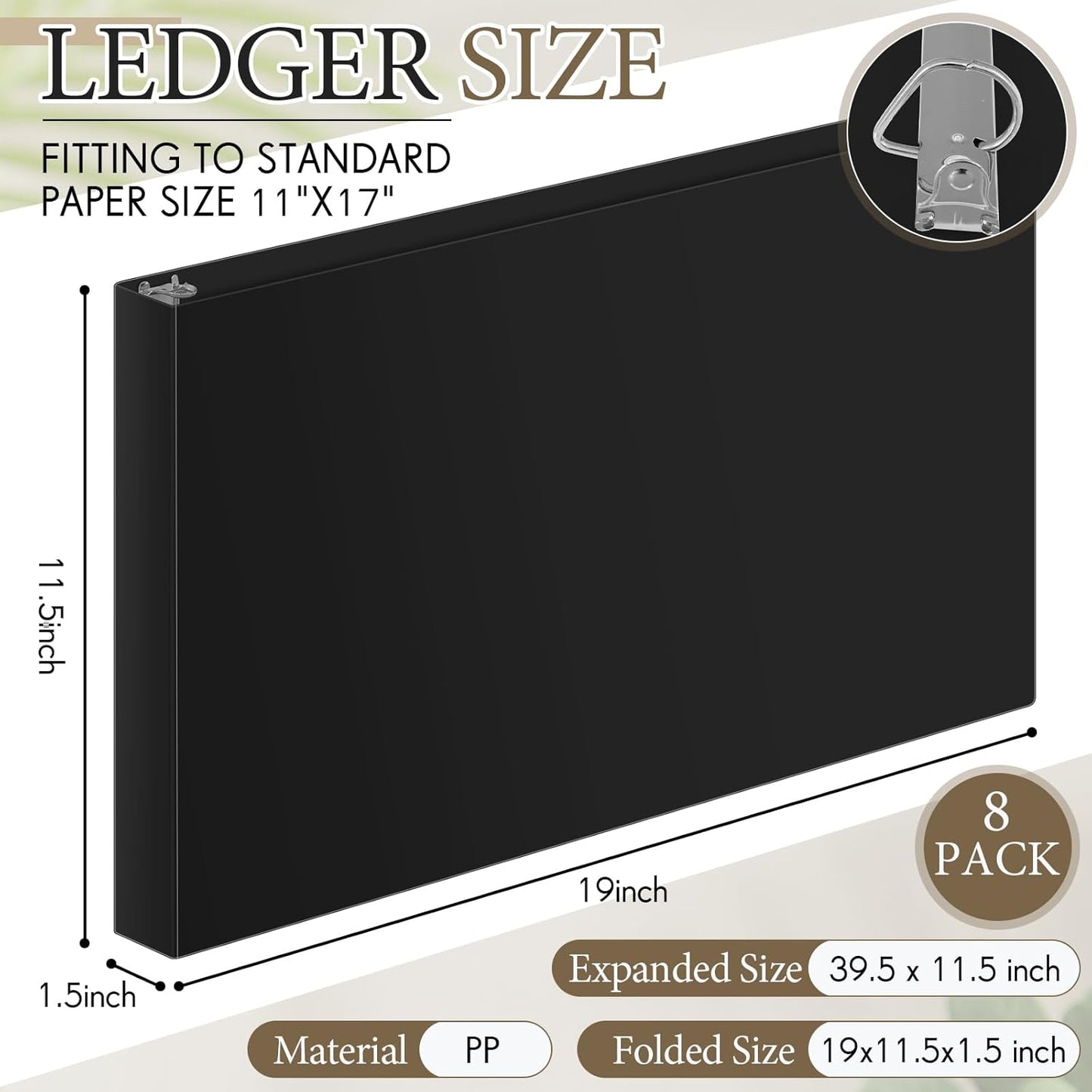 8 Pcs 11 x 17 Inch 3 Ring Binders 1 Inch Rings Heavy Duty View D Ring Binders Economy Holds 11" x 17" Paper for Artwork Blueprints, Office, Home, Work Places(Black)