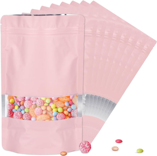 6.3"x9.5" 120pcs Mylar Bags for Food Storage,Smell Proof Bag with Matte Window Resealable Food Storage Bags for Small Business, Stand-up Foil Pouch Packaging Freeze Dried Candy Bag(Pink)