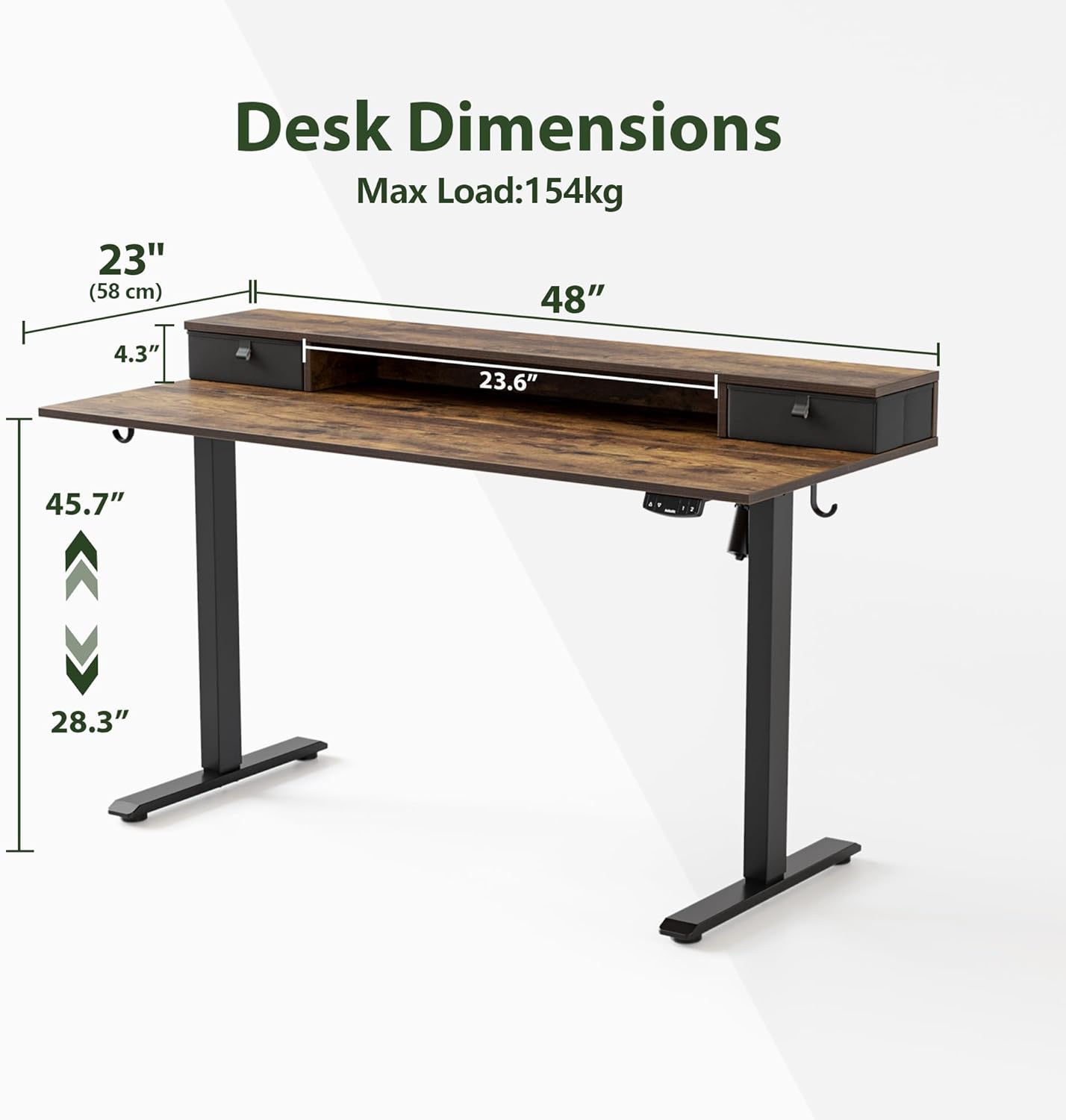 Agilestic Electric Standing Desk with 2 Drawers, 48 x 23 Inches Height Adjustable Desk, 2 Fabric Drawers, Rustic Brown