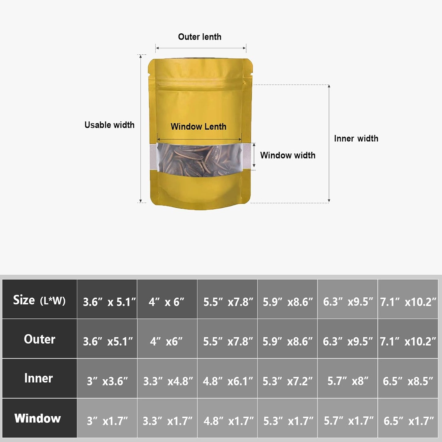 4"x6" 120pcs Mylar Bags for Food Storage,Smell Proof Bag with Matte Window Resealable Food Storage Bags for Small Business, Stand-up Foil Pouch Packaging Freeze Dried Candy Bag(Gold)