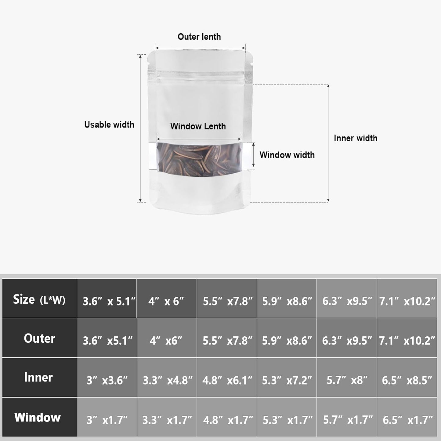 4"x6" 120pcs Mylar Bags for Food Storage,Smell Proof Bag with Matte Window Resealable Food Storage Bags for Small Business, Stand-up Foil Pouch Packaging Freeze Dried Candy Bag（White）