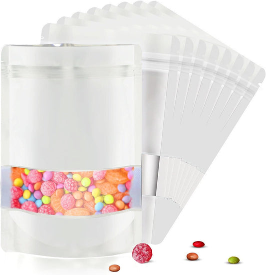 7.1"x10.2" 1 Quart 120pcs Mylar Bags for Food Storage,Smell Proof Bag with Matte Window Resealable Food Storage Bags for Small Business, Stand-up Foil Pouch Packaging Freeze Dried Candy Bag（White）