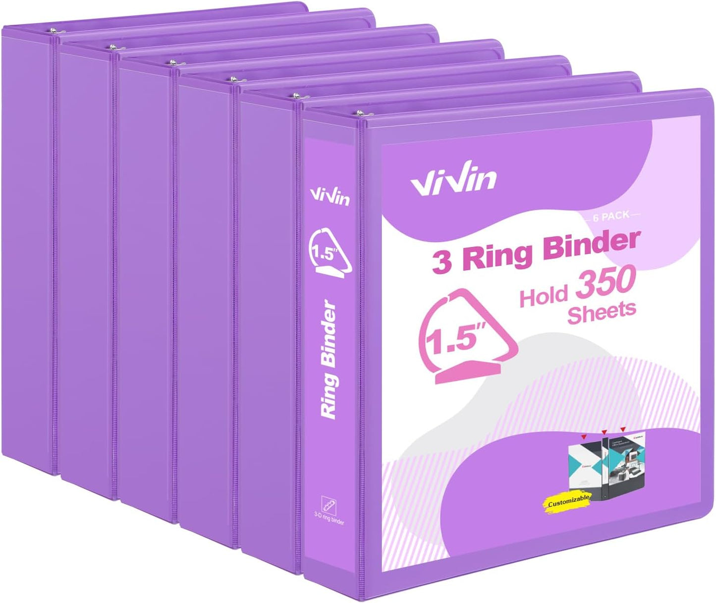 ViVin Sturdy 1.5 Inch 3 Ring Binder with Pockets, Slant-D Ring, PVC-Free, Customizable Clear View Binder,Holds 350 Sheets of 8.5" x 11" Paper,6 Pack (Purple)