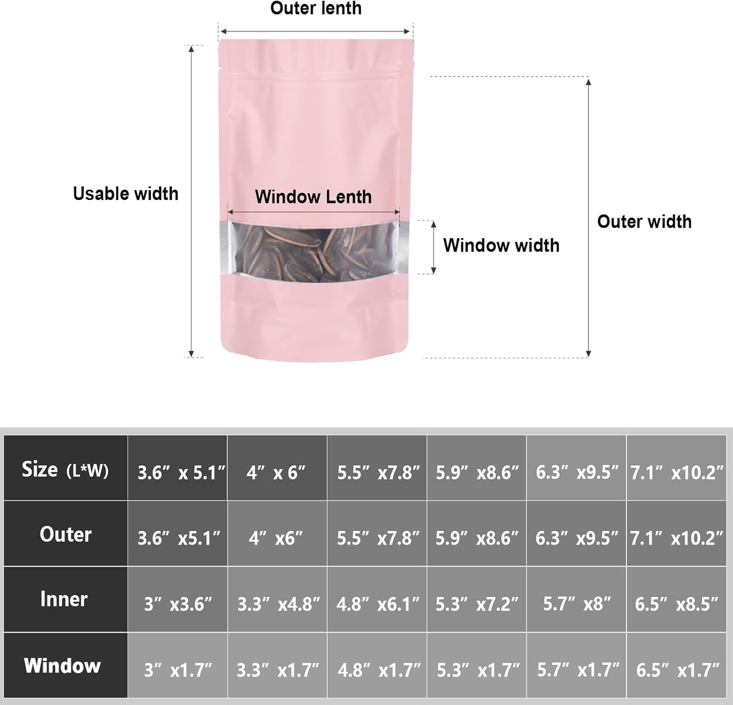 5.9"x8.6" 120pcs Mylar Bags for Food Storage,Smell Proof Bag with Matte Window Resealable Food Storage Bags for Small Business, Stand-up Foil Pouch Packaging Freeze Dried Candy Bag(Pink)