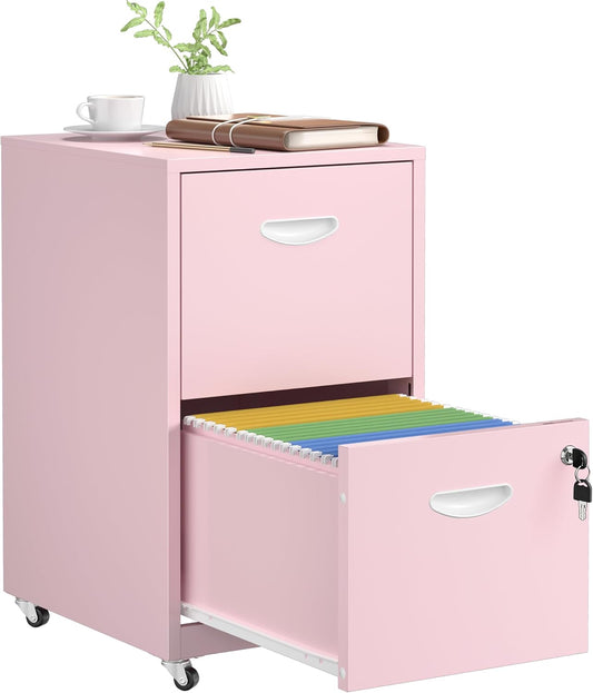 2 Drawer File Cabinet with Lock，Pink Rolling File Cabinet for Home Office, Metal Small Mobile Filing Cabinets on Wheels for Hanging Letter