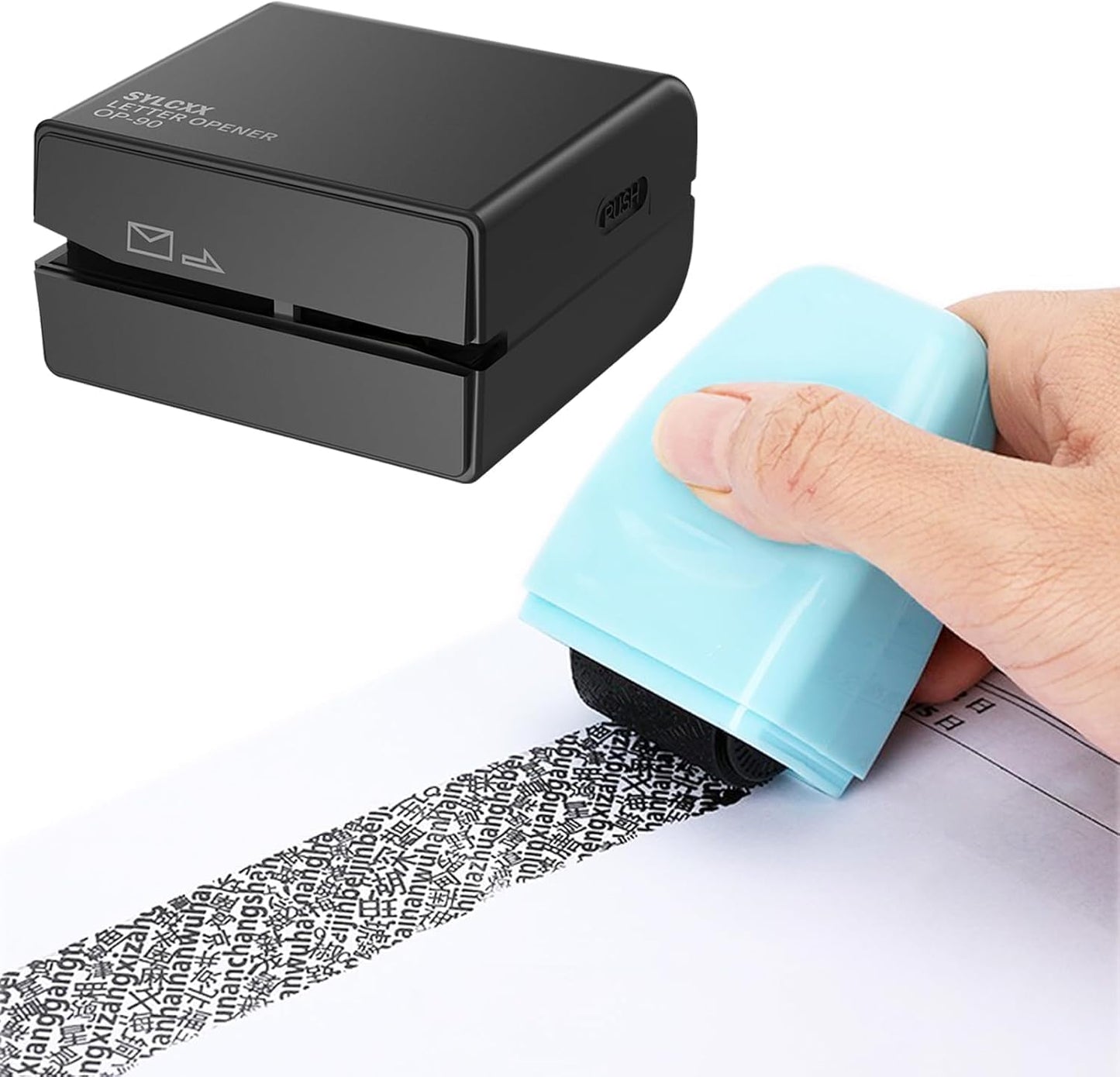 Electric Letter Opener and Confidential Roller Stamp Combo, Portable Office School Stationery for Cutting Envelope,ID Blockout, Womens Mens Moms Dads Gifts for Birthday Anniversary(Black+Blue)