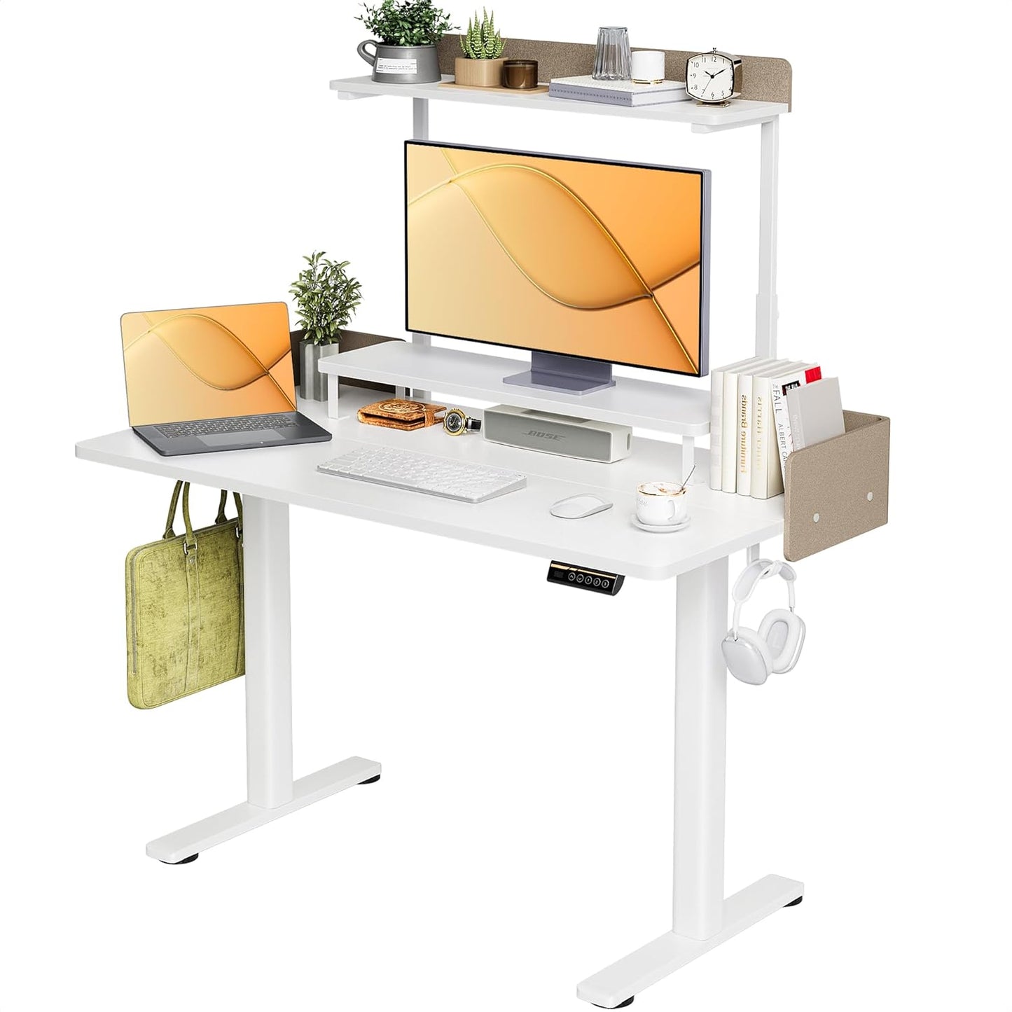 Claiks Electric Standing Desk with Monitor Stand, 48 x 24 Inches Electric Height Adjustable Desk with Removable Shelves, Stand Up Computer Desk Workstation, White