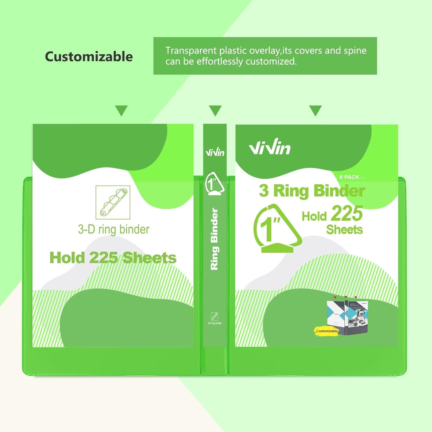 ViVin Durable 1 Inch D Ring Binders, 3 Ring Binders with 2 Pockets, Hold 225 Sheets of US Letter Size Paper - 6 Pack (Assorted)