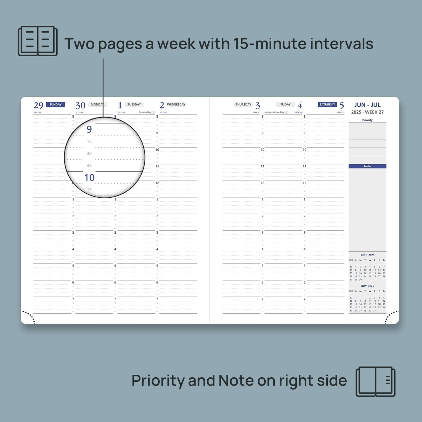 POPRUN Weekly Planner 2025-2026, 7.25'' x 8.5'', 15-Minute Hourly Appointment Book (July 2025-June 2026) with PU Leather Softcover, Monthly Tabs, Inner Pocket - Claret