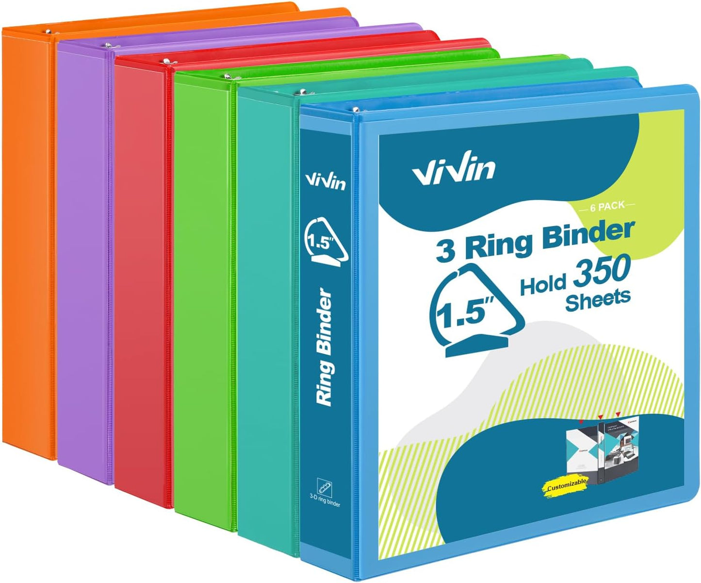 ViVin Sturdy 1.5 Inch 3 Ring Binder with Pockets, Slant-D Ring, PVC-Free, Customizable Clear View Binder,Holds 350 Sheets of 8.5" x 11" Paper, 6 Pack (Assorted)