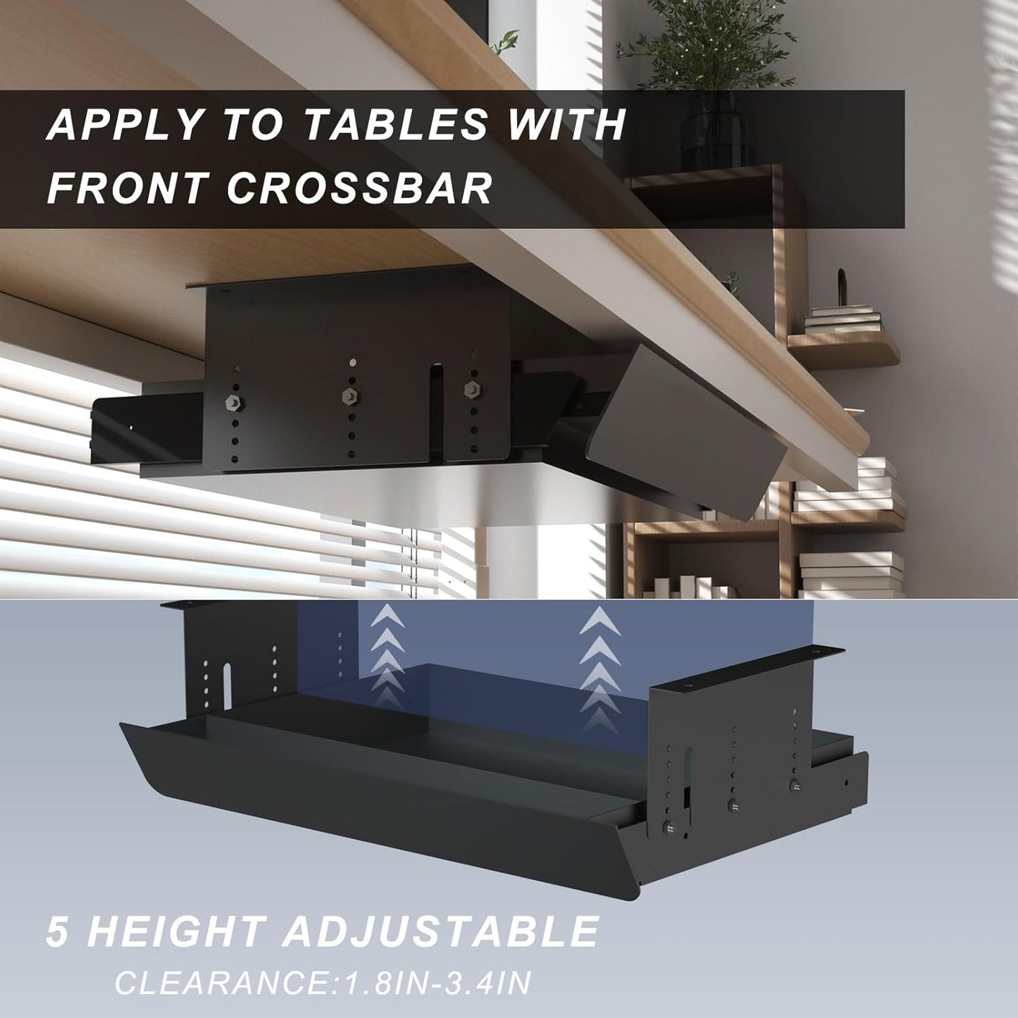 Under Desk Mounted Sliding Pull-Out Drawer Height Adjustable Apply to Tables with Front Crossbar,Adjustable Clearance Up to 3.5",Compatible with Most Stand Up Workstation