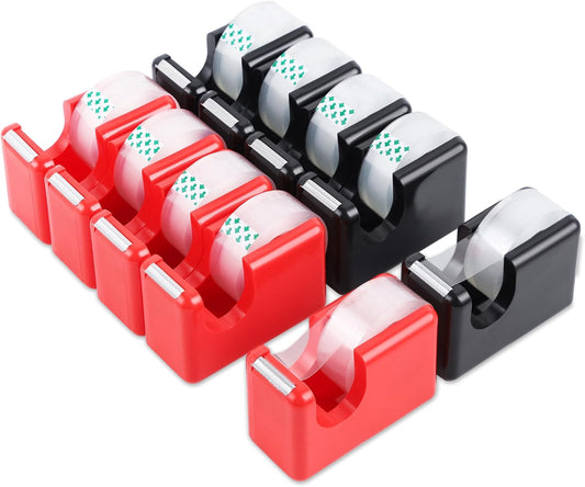 Lichamp 10 Pack Office Desktop Tape Dispenser Includes 10 Rolls of 1 Inch Core Tapes 3/4 in x 1000 in, Red and Black Desk Tape Dispensers Non-Skid Base, Great for School, Office and Home