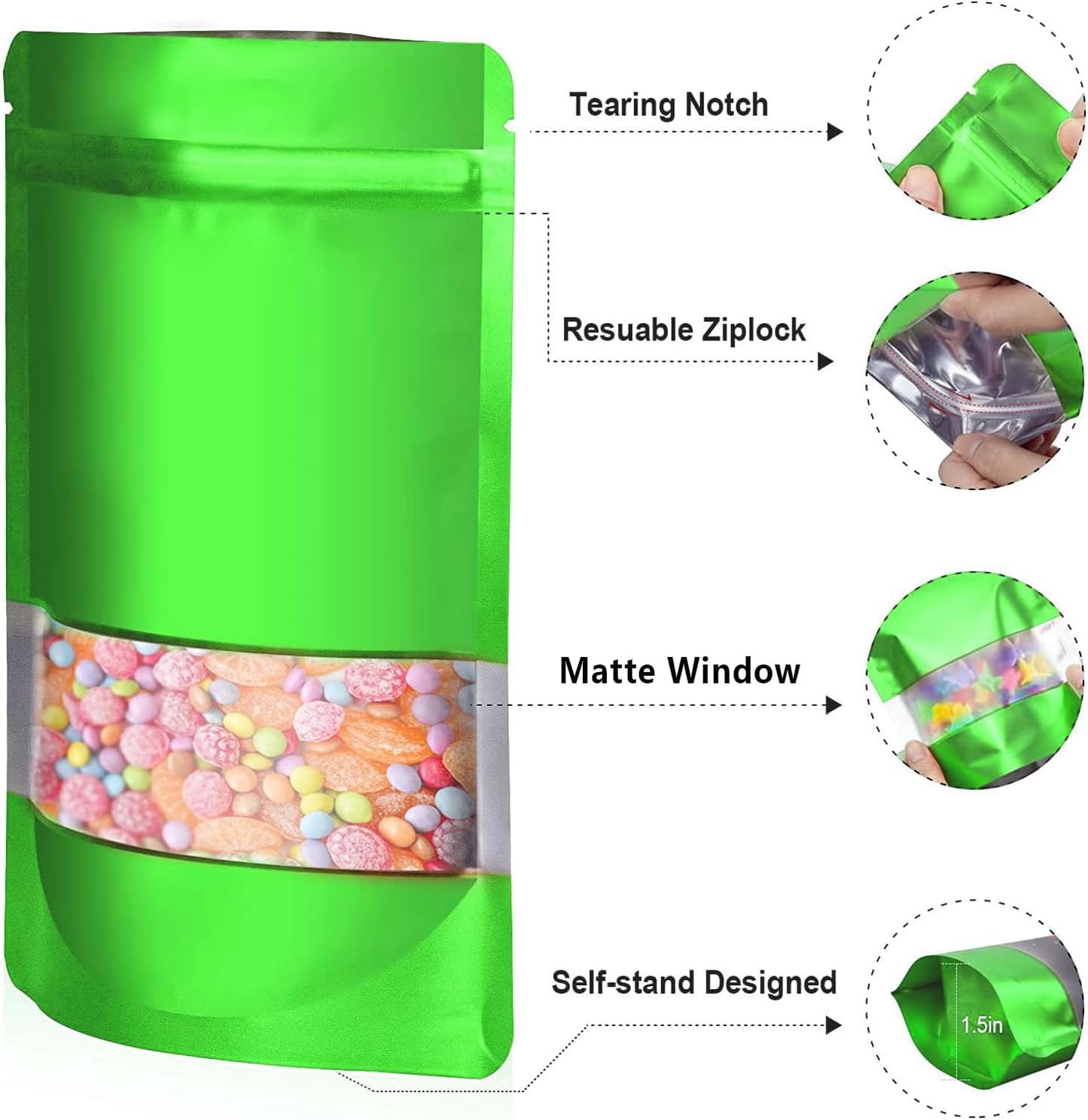 6.3"x9.5" 120pcs Mylar Bags for Food Storage,Smell Proof Bag with Matte Window Resealable Food Storage Bags for Small Business, Stand-up Foil Pouch Packaging Freeze Dried Candy Bag （Green）