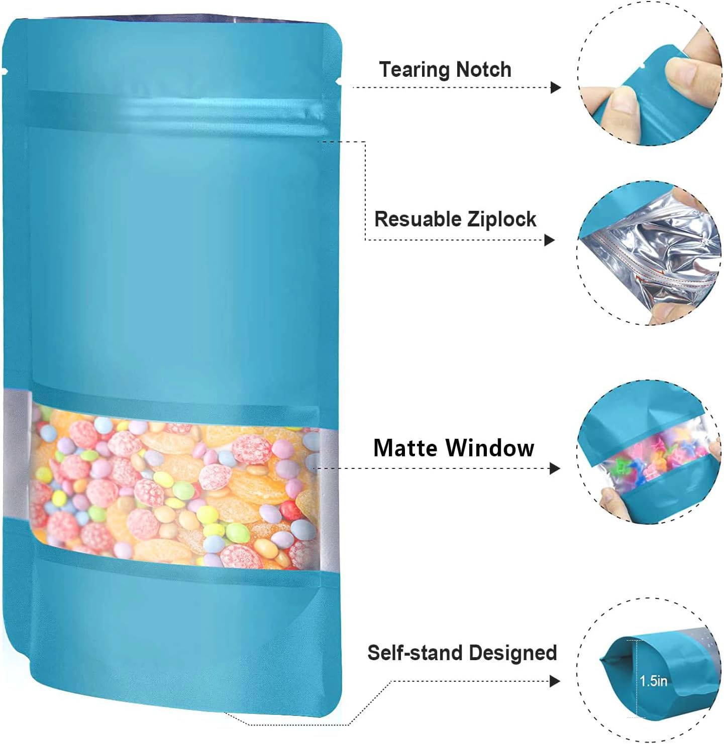 7.1"x10.2" 1 Quart 120pcs Mylar Bags for Food Storage,Smell Proof Bag with Matte Window Resealable Food Storage Bags for Small Business, Stand-up Foil Pouch Packaging Freeze Dried Candy Bag(Blue)