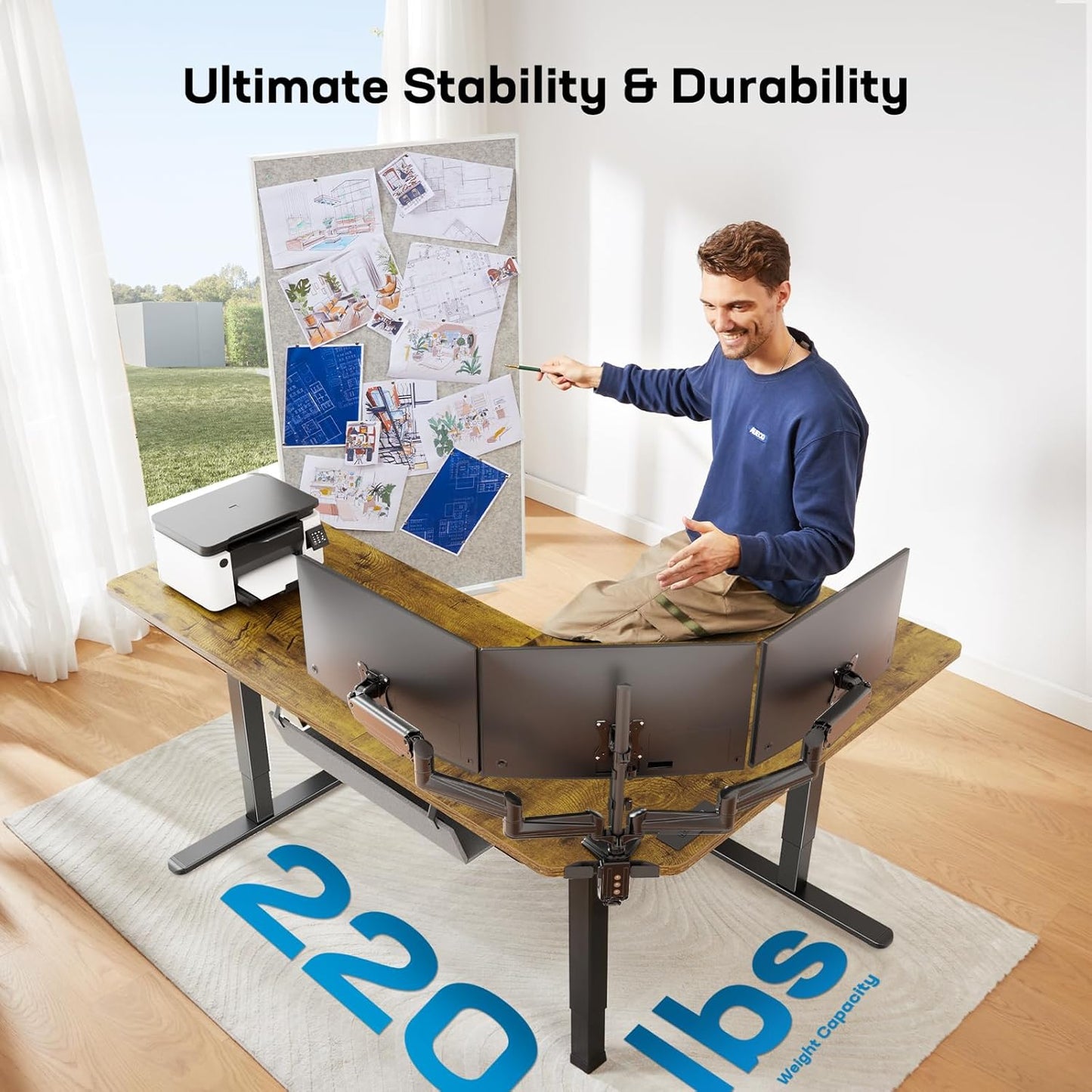 HUANUO 63″ Dual Motor L-Shaped Standing Desk, Built-in Power Outlets, Electric Height Adjustable Corner Computer Desk, Large Power Strip Holder, Sit Stand Up Desk with 3 Preset Heights, Vintage Brown