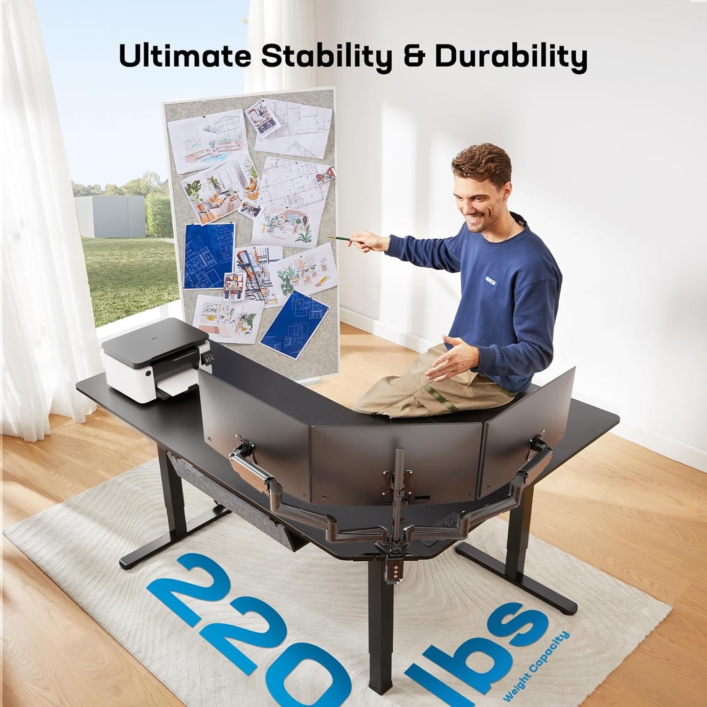 HUANUO 63″ Dual Motor L-Shaped Standing Desk, Built-in Power Outlets, Electric Height Adjustable Corner Computer Desk, Large Power Strip Holder, Sit Stand Up Desk with 3 Preset Heights, Black