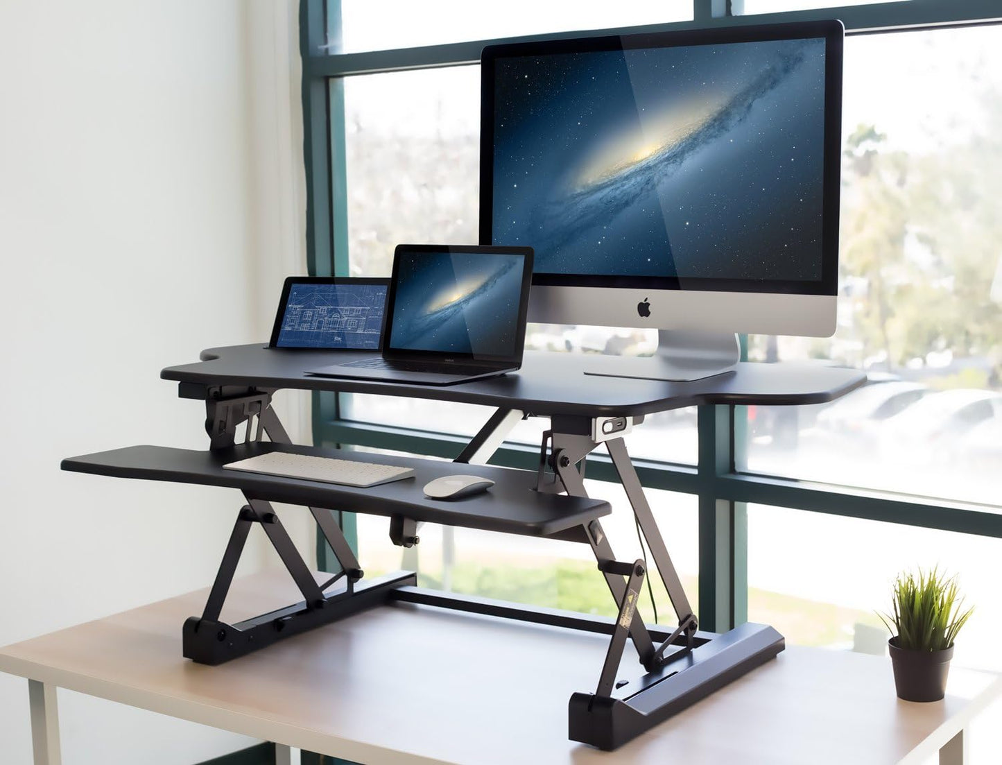 Mount-It! 48" Electric Adjustable Standing Desk Converter 2 Monitors, Adjustable Stand Up Desk Riser for Monitors, X-Large Motorized Workstation Topper with Keyboard Tray for Home Office, Black