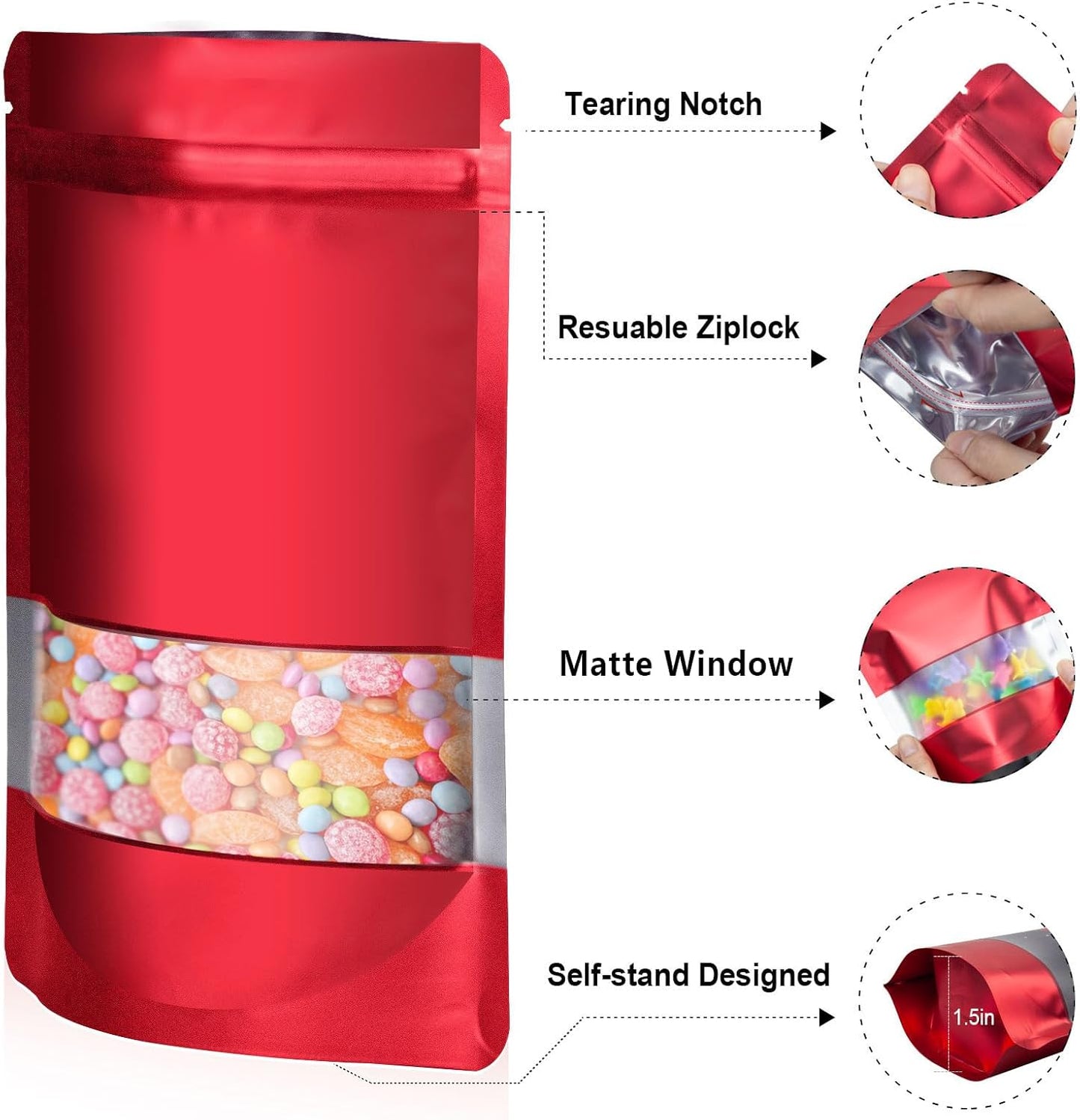4"x6" 120pcs Mylar Bags for Food Storage,Smell Proof Bag with Matte Window Resealable Food Storage Bags for Small Business, Stand-up Foil Pouch Packaging Freeze Dried Candy Bag（Red）