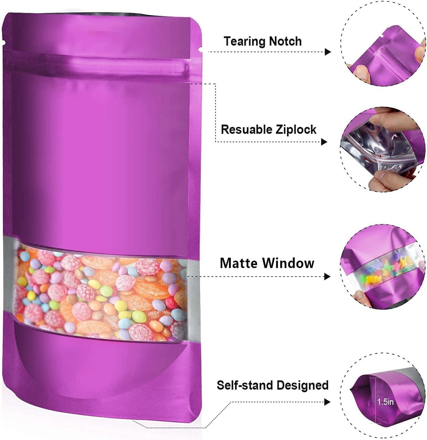 5.9"x8.6" 120pcs Mylar Bags for Food Storage,Smell Proof Bag with Matte Window Resealable Food Storage Bags for Small Business, Stand-up Foil Pouch Packaging Freeze Dried Candy Bag（Purple）